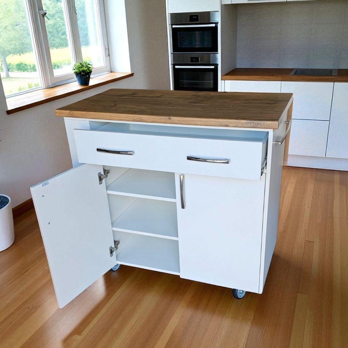 SpaceSave Kitchen Island with Wheels and Fold-Out Table - White Kalahari
