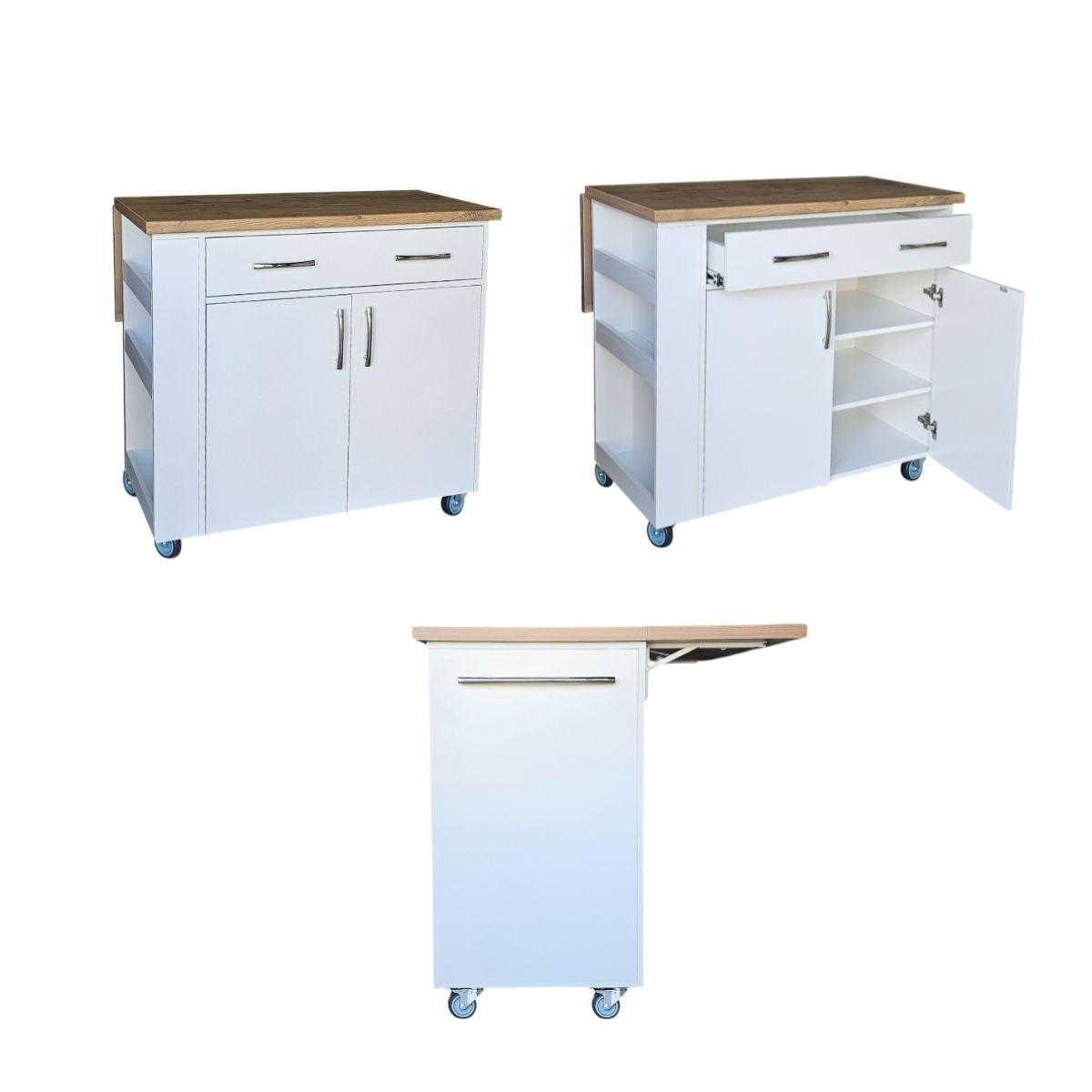 SpaceSave Kitchen Island with Wheels and Fold-Out Table - White Kalahari