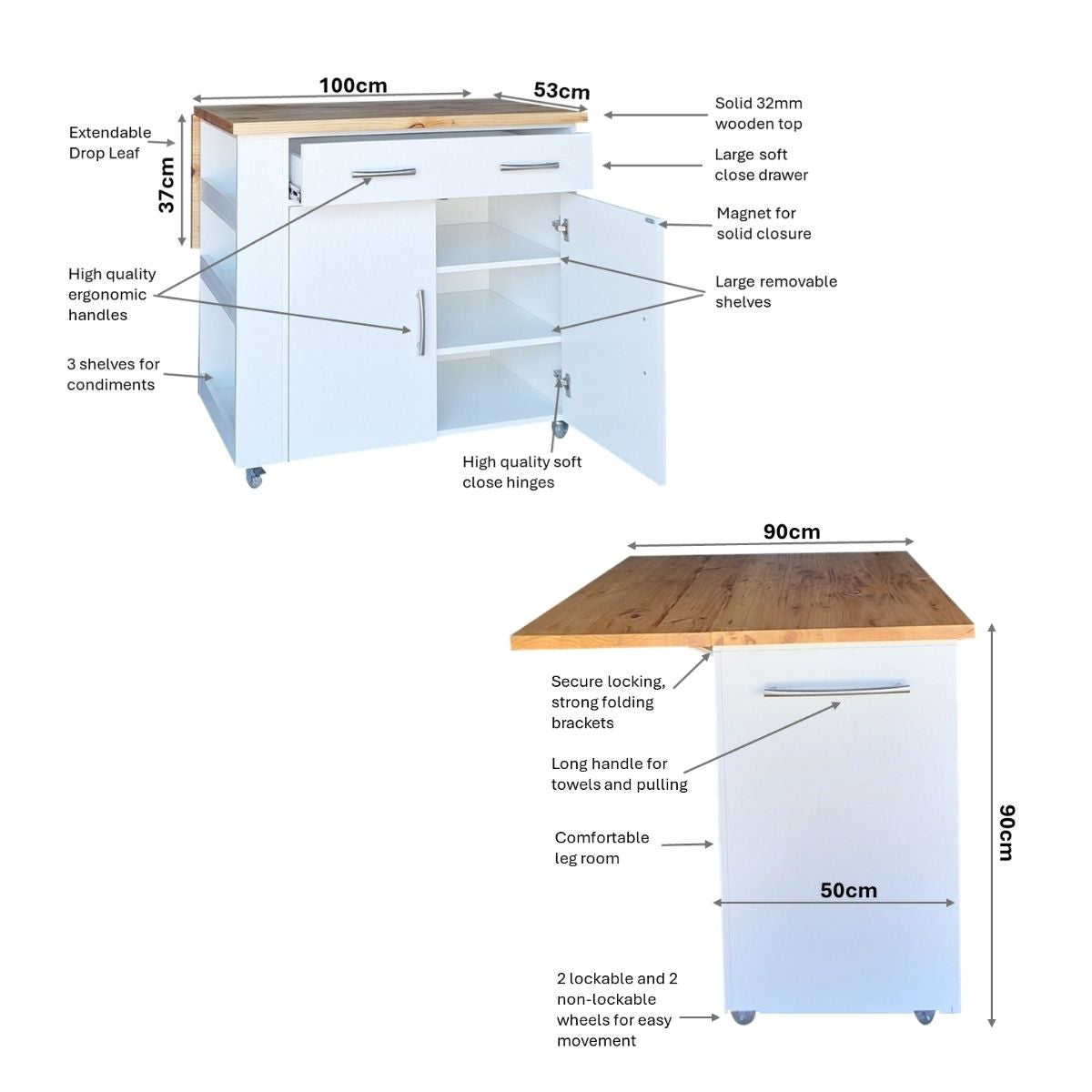 SpaceSave Kitchen Island with Wheels and Fold-Out Table
