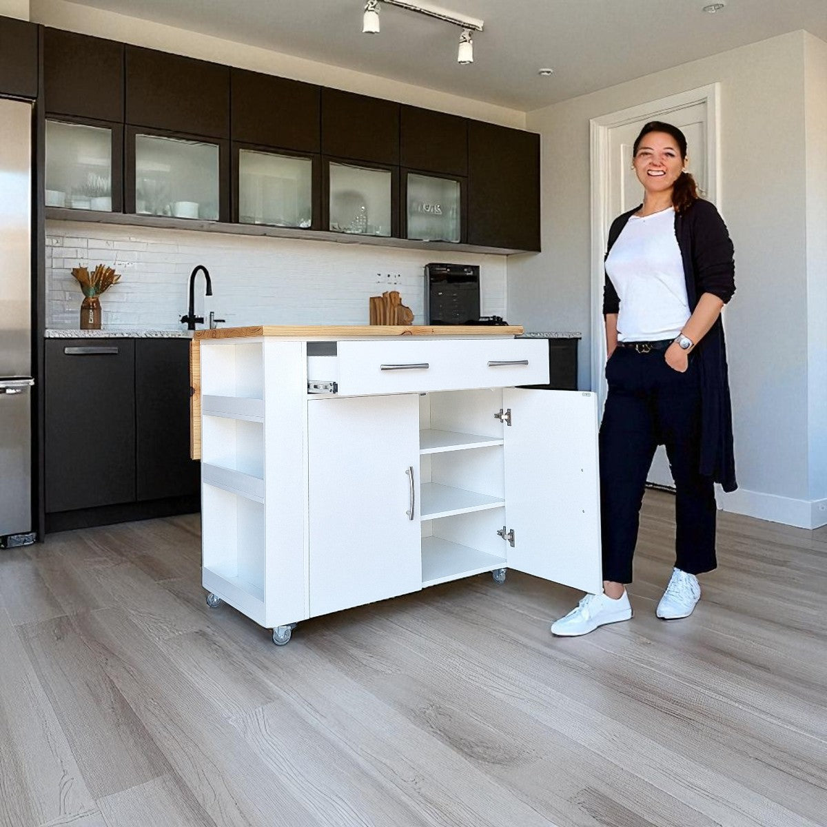 SpaceSave Kitchen Island with Wheels and Fold-Out Table - White Kalahari