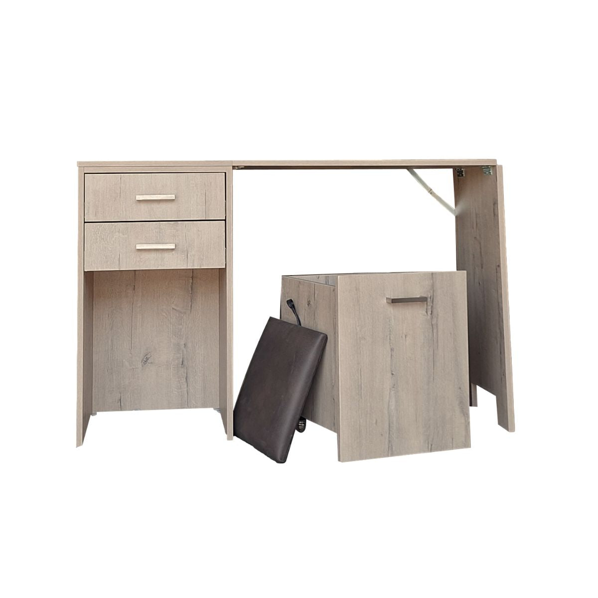 Versa Combo Drawer Desk with Ottoman Chair and Fold-Out Table - Rustic Wood