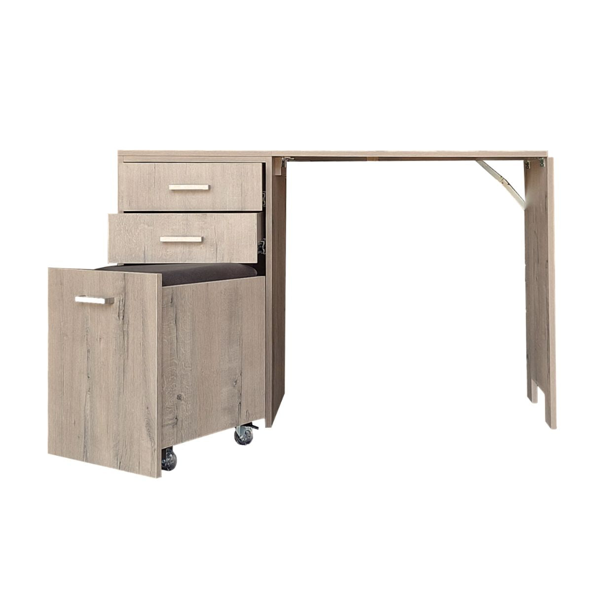 Versa Combo Drawer Desk with Ottoman Chair and Fold-Out Table - Rustic Wood
