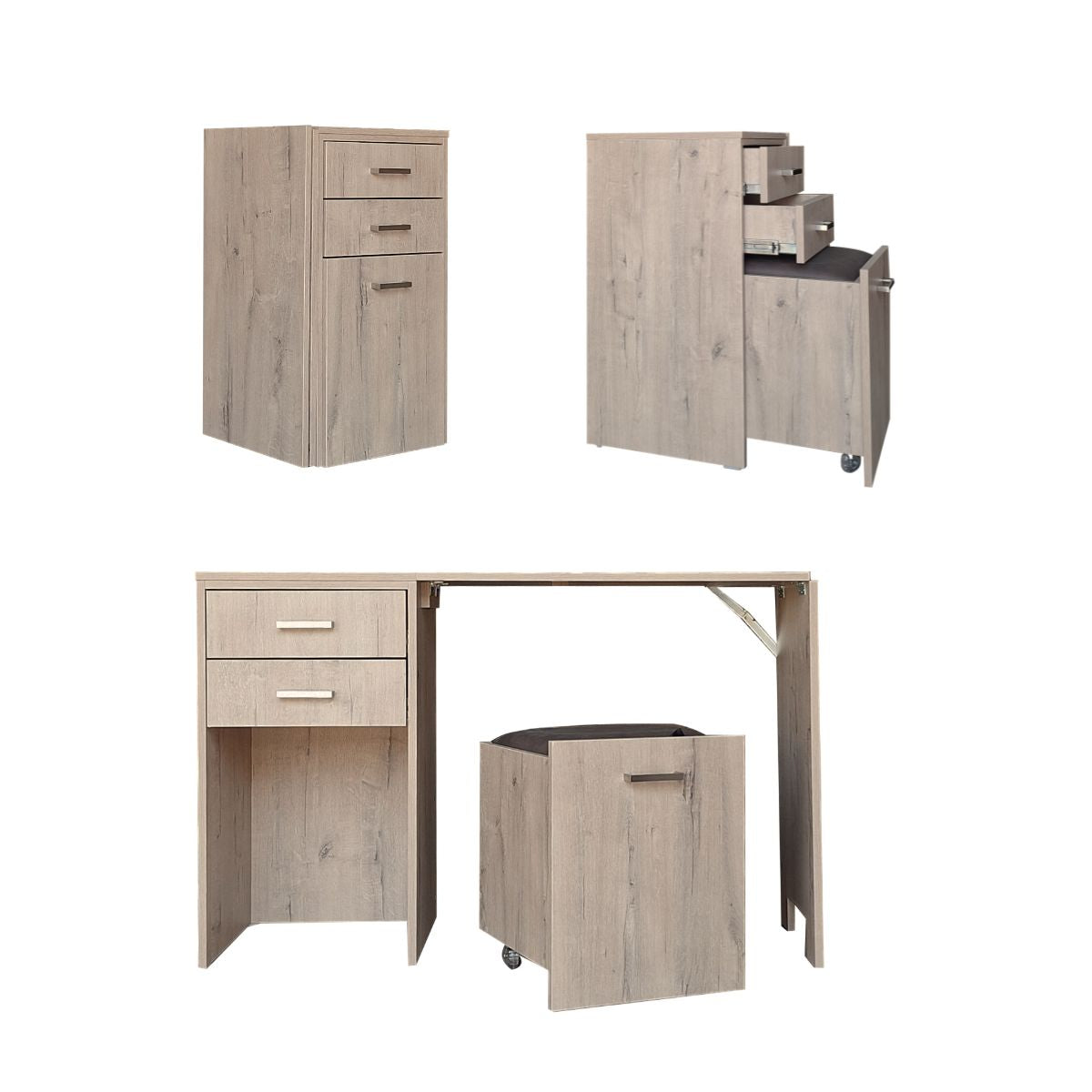 Versa Combo Drawer Desk with Ottoman Chair and Fold-Out Table - Rustic Wood