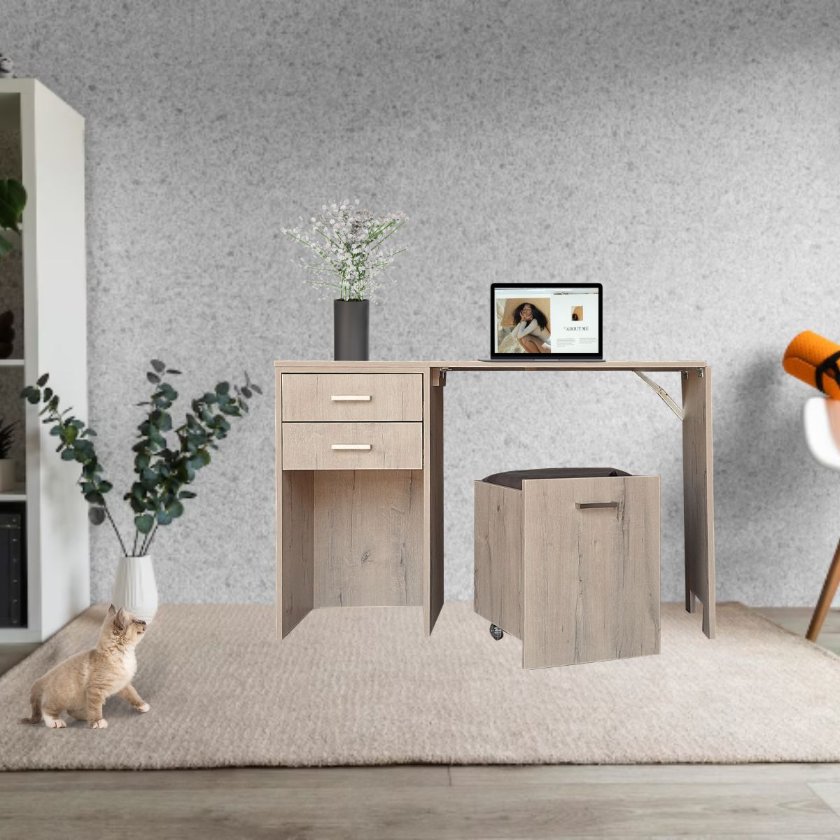 Versa Combo Drawer Desk with Ottoman Chair and Fold-Out Table - Rustic Wood