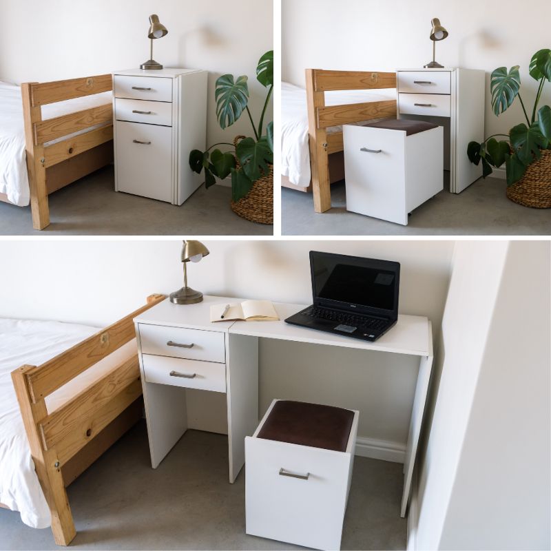 Versa Combo Drawer Desk with Ottoman Chair and Fold-Out Table