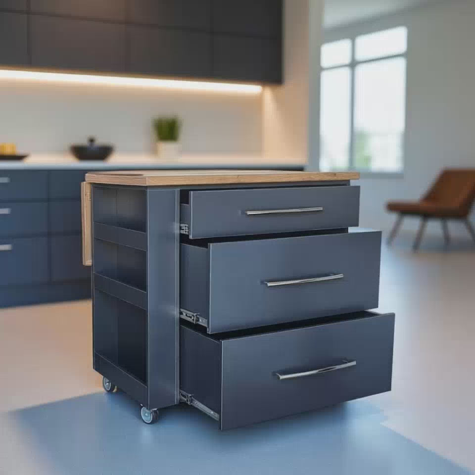 Load video: Large Kitchen Island on Wheels with Fold-Out Table and Drawers